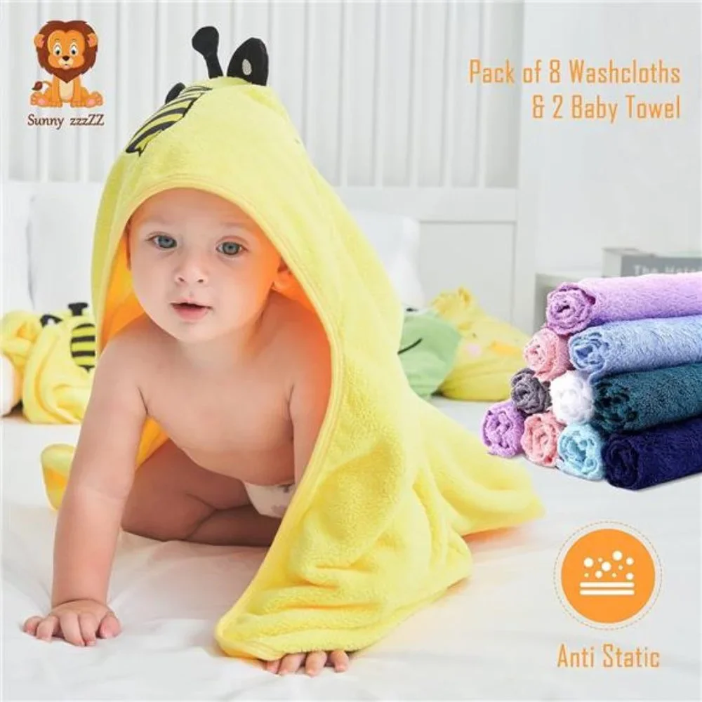 NEW 2 Baby Bath Hooded Towels and 8 Washcloths - Yellow Bee and Grey Elephant